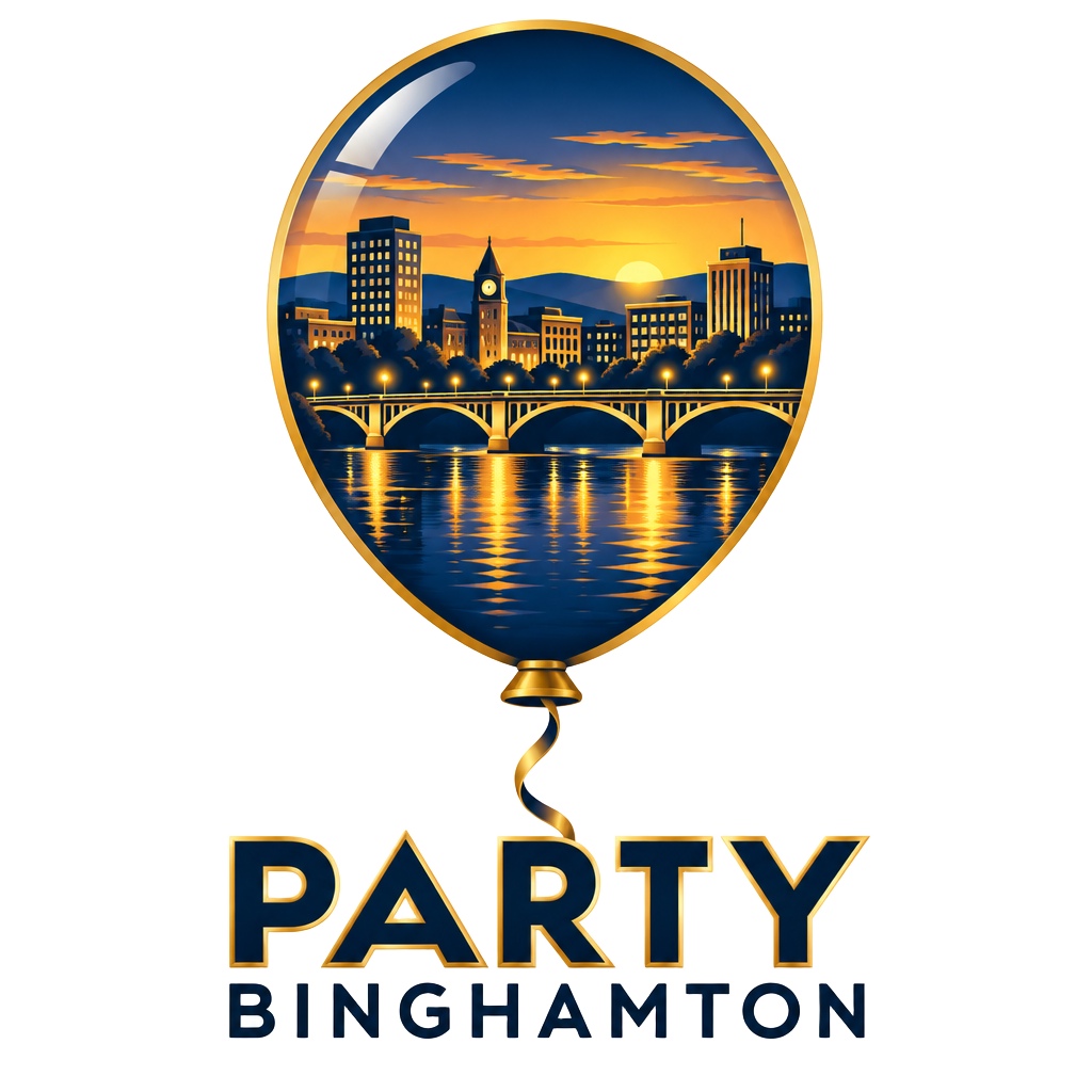 Party Binghamton — golden balloon with the Binghamton skyline