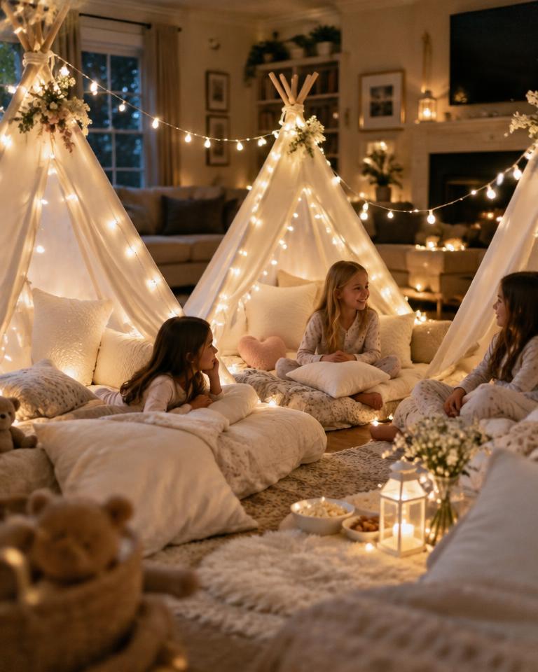 Slumber party with lit glamping teepee tents
